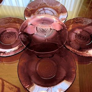 Purple etched glass set of eight small plates for entertaining excellent vintage
